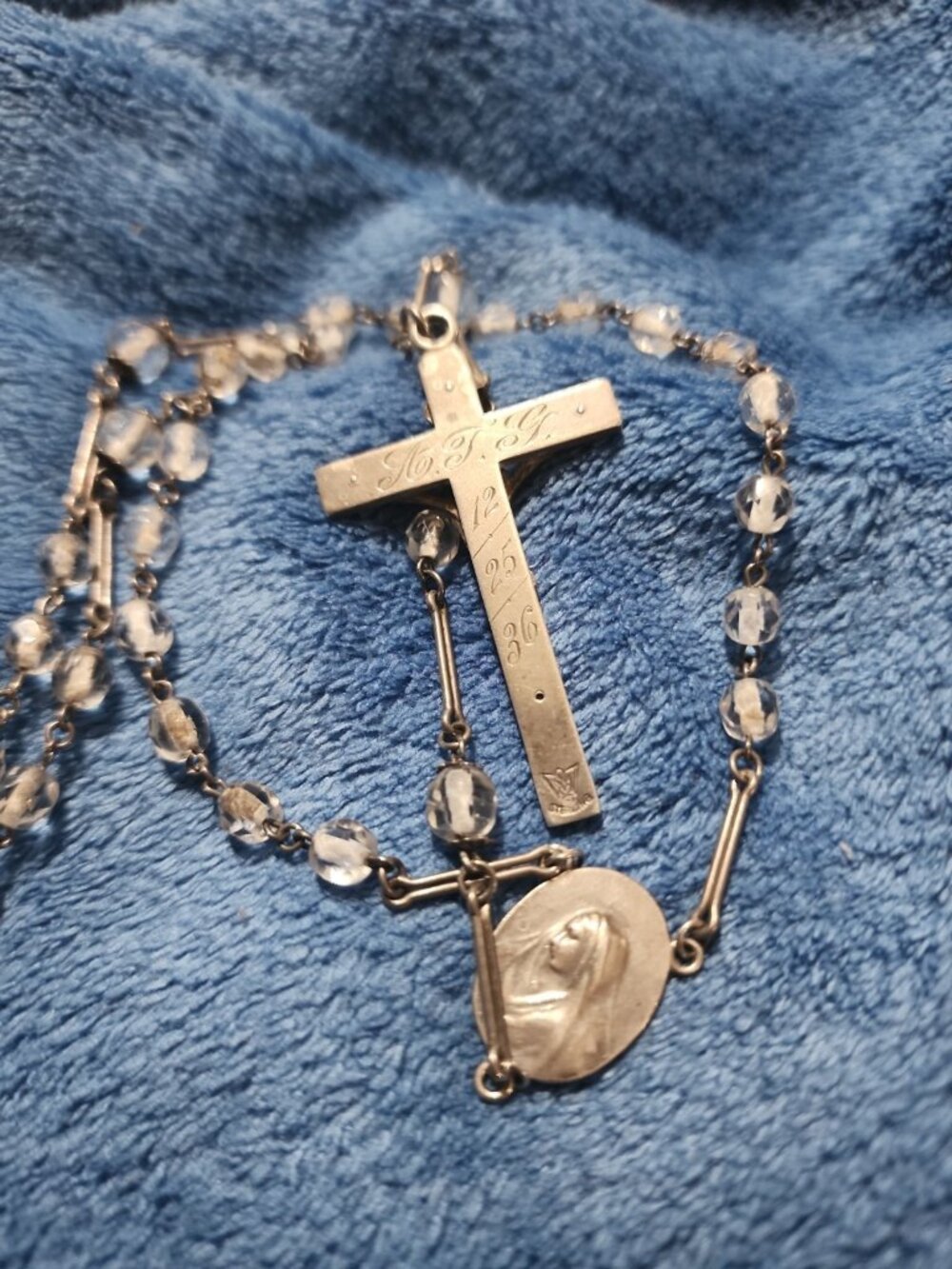 Antique Sterling Silver Rosary Virgin Mary Multi Faceted Glass Beads 12/25/36
